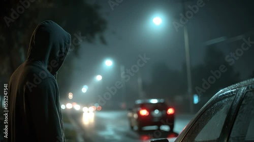Masked thief lurking near car in suspicious activity