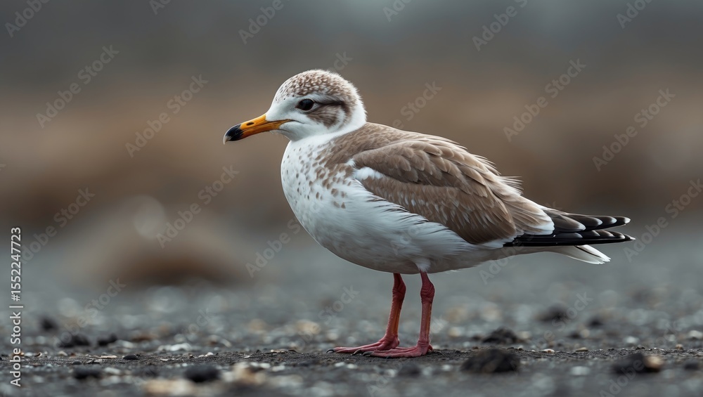 Fototapeta premium A beautiful seagull seabird of family Laridae young brown speckled chick standing on the bare ground.