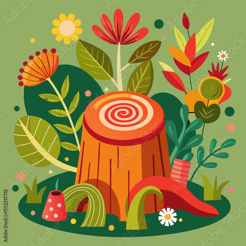 Whimsical forest scene with a tree stump surrounded by colorful flowers and foliage