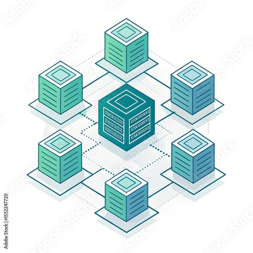 3D isometric illustration of a secure blockchain network with a central lock and connected data blocks.

