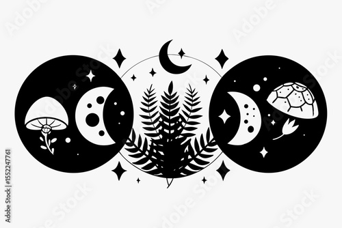 Mystical celestial phases with mushrooms ferns and stars