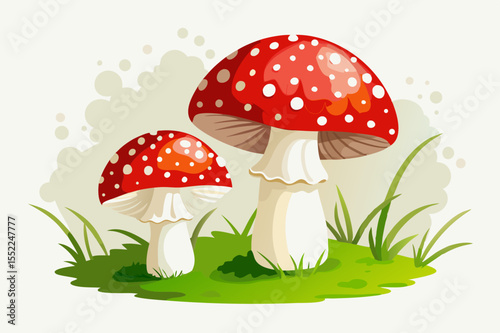 Two vibrant red and white spotted mushrooms growing in lush green grass
