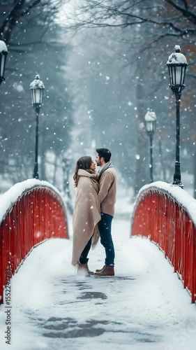 A young Caucasian couple embraces on a snow-covered bridge. Snow falls gently around them, creating a romantic winter scene.