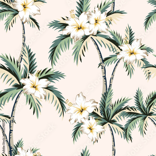 Tropical palm trees, hibiscus flowers, blush background. Seamless pattern. Vector illustration. Exotic plants. Summer beach design. Paradise nature