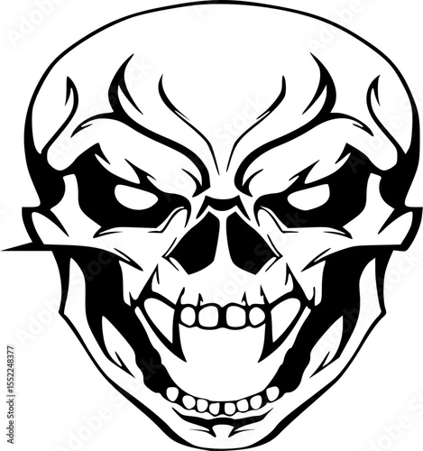 Angry Evil Skull Face Vector Illustration in Black Line Art