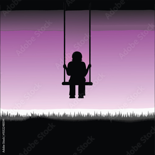 A tranquil dark silhouette of a person sitting on a swing against a vibrant purple twilight sky, capturing a moment of solitude and peaceful contemplation during the evening
