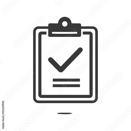 Minimalist Clipboard Icon with Checkmark and Lines, Dark Gray on White