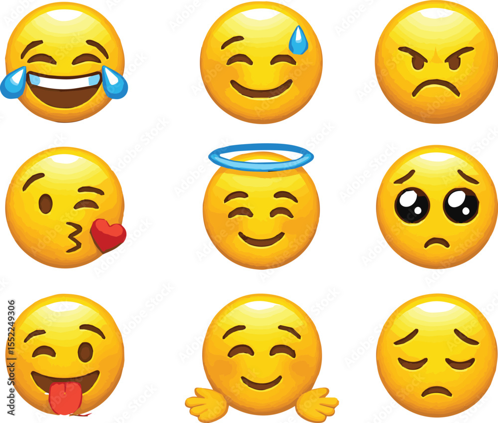 Fototapeta premium Diverse Emoji Collection Expressing a Range of Emotions From Joy to Anger and Sadness in a Playful Vector Style