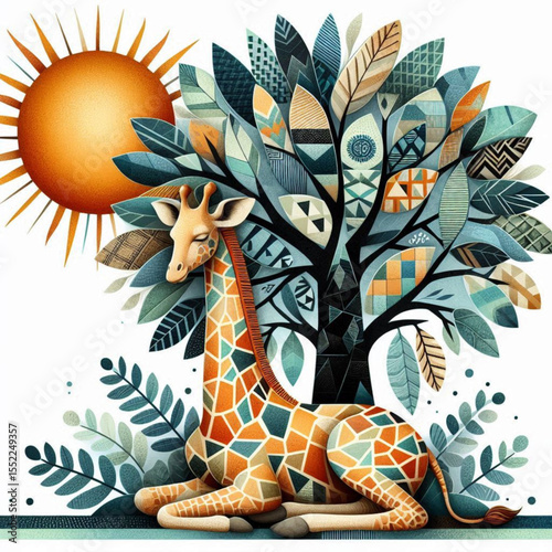 Charming giraffe resting under a stylized tree with vibrant leaves and sunlight