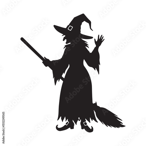 Silhouette of a Witch with Broomstick Waving Hand a Spooky Halloween Celebration Illustration and Black and White Festive Holiday Magic