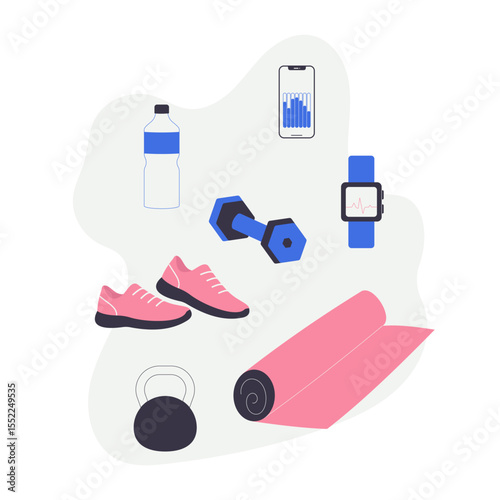 Flat style fitness set with dumbbell, sneakers, yoga mat, smartwatch, phone, water bottle, and kettlebell. Ideal for health, gym, sport, and wellness designs.