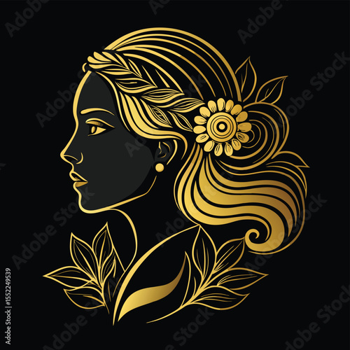 Elegant digital art portrait of a woman, her flowing golden hair adorned with intricate nature-inspired leaves and a radiant flower, embodying grace and timeless beauty