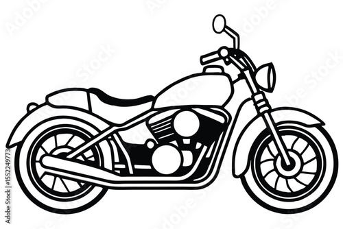 Black and White Graphic of Motorcycle Outline Illustration Featuring Classic Cruiser Design Elements