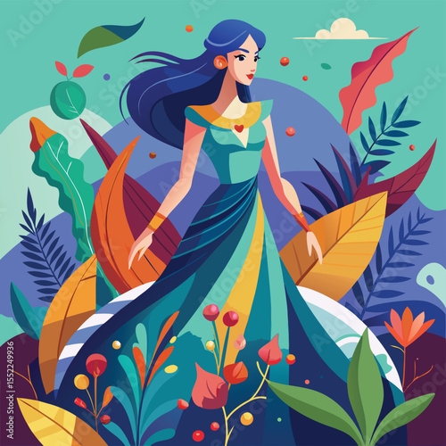 Elegant Woman in Flowing Dress Amidst Lush Nature, Digital Art Illustration