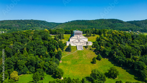 Photos Walhalla memorial near Regensburg captured from a drone on a sunny day, perched