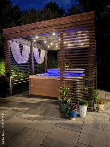 Gorgeous, luxury modern boho backyard design showcasing an outdoor pergola made from pine at sunset. Inside sits a hot tub spa with seats, lounger. Artsy decor and plant set the mood with LED lights.