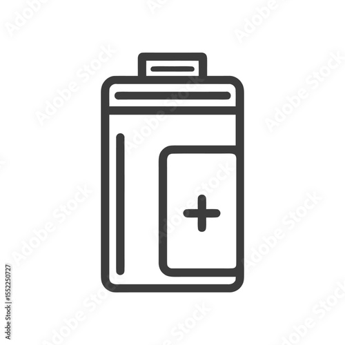 Minimalist Battery Icon with Positive Charge Symbol on White Background