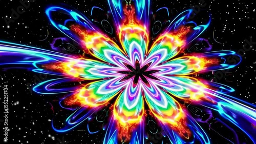  Vibrant psychedelic mandala with rainbow colors and blue energy swirls, representing abstract spiritual geometry, cosmic light, and dynamic energy
