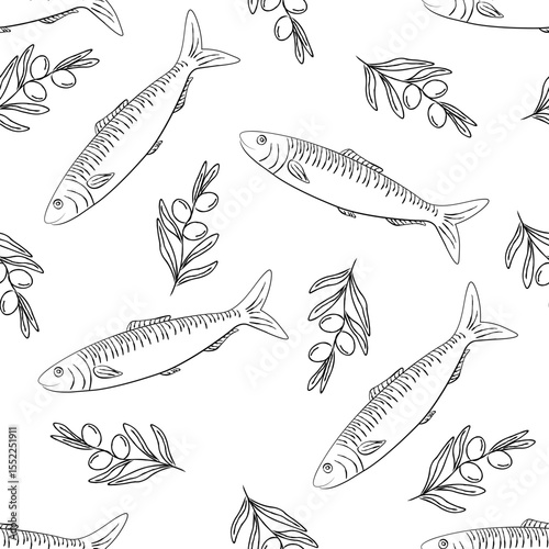 Seamless pattern with sardine and branches olive. Ideal for seafood packaging, kitchen textiles, restaurant branding, wrapping paper, or retro nautical-themed designs