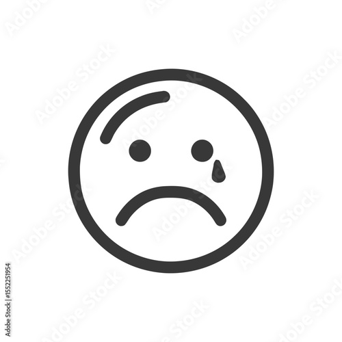 Minimalist Sad Emoji Icon with Single Tear Drop, Dark Gray on White Background