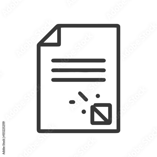 Rejected Document Icon: Simple Line Art of Paper with Checkbox and Debris