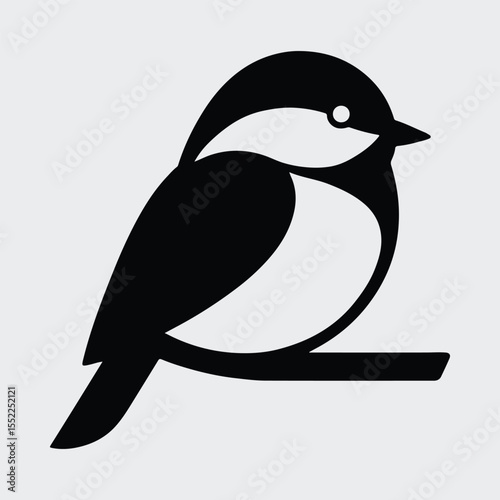 Silhouette small bird chickadee perched on branch simple design Vector illustration