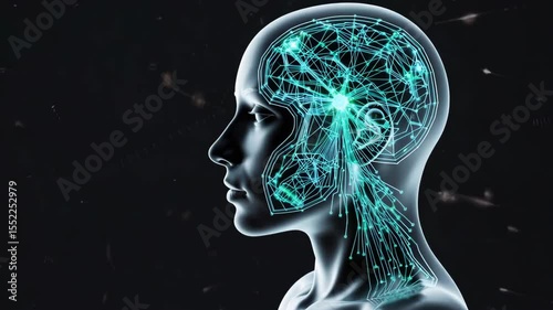 Medical 3D rendering of a human head with a glowing brain and neural network, symbolizing artificial intelligence, cognitive processes, and advanced technology