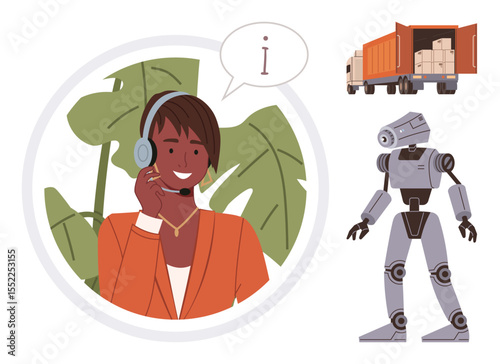 Smiling operator with headset, speech bubble, robot, and delivery truck loaded with boxes. Ideal for technology, automation, customer service, logistics AI supply chain communication. Simple flat