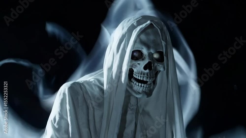 Scary skeleton ghost figure with glowing eyes and flowing white fabric, creating a terrifying and eerie atmosphere for Halloween or horror themes