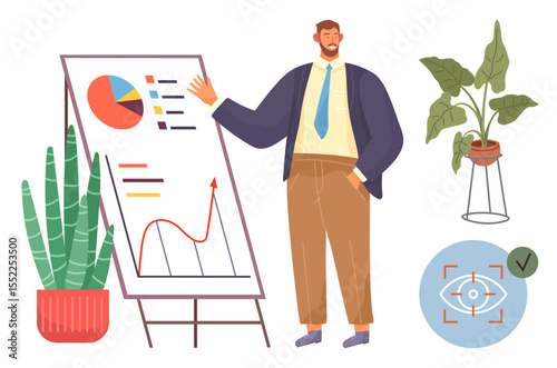 Man explaining sales data on board with colorful graph, pie chart, office plants, and focus icon. Ideal for business presentations, teamwork, analytics, planning, strategy growth productivity