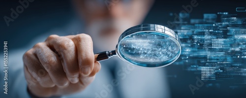 Close-up of a person's hand holding a magnifying glass examining data and digital information on a transparent screen in a high-tech futuristic environment