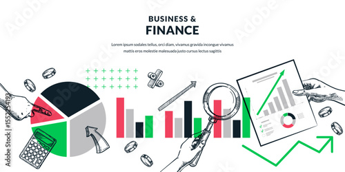 Business statistics, investment and finance vector illustration. Hand holding documents, magnifying lens and pie chart