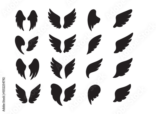 Collection of Diverse Angel Wing Silhouettes Expressing Freedom, Spirituality and Artistic Design Elements for Creative Projects and Symbolic Representations