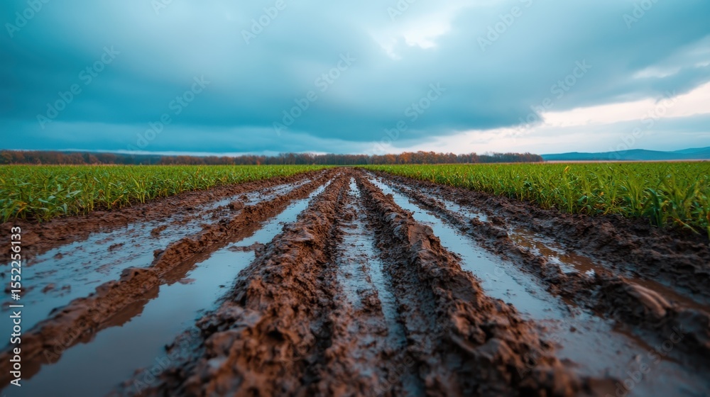 Naklejka premium A tranquil rural scene depicting rows of plowed fields filled with rainwater, reflecting the beauty of nature's seasons and agriculture's hard work.