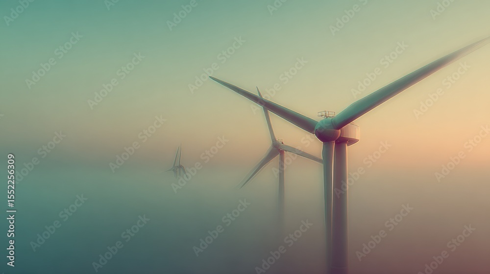 Fototapeta premium Spectacular view of tall wind turbines at sunrise or sunset with colorful sky and misty atmosphere in a renewable energy power plant scene