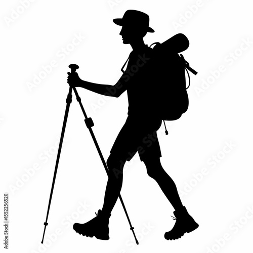 Silhouette of a hiker with a backpack and trekking poles walking on a white background
