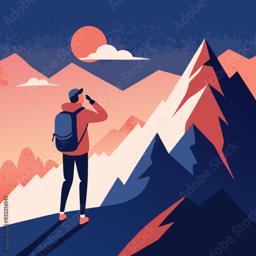 Hiker with backpack looking at majestic mountains at sunset with a full moon