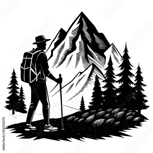Silhouette of a hiker with a backpack and trekking pole in front of majestic mountains and pine trees