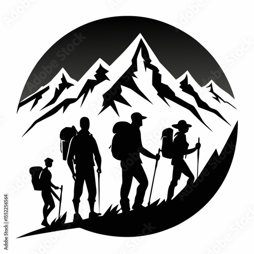 Silhouette of a group of hikers with backpacks and trekking poles ascending a mountain