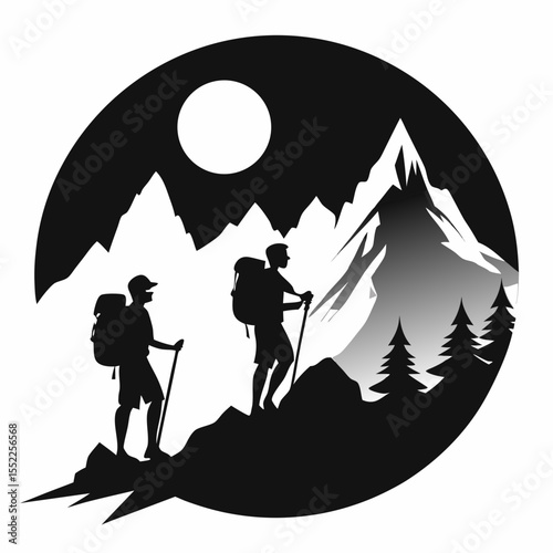 Two hikers with backpacks and trekking poles ascend a mountain under a full moon