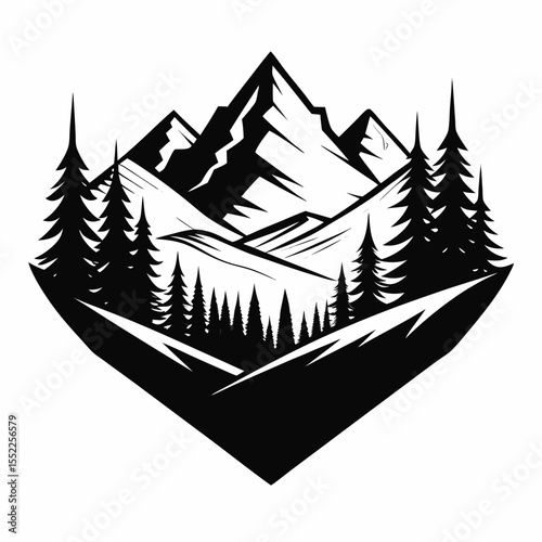 Stylized black and white mountain range with pine trees and diamond shape