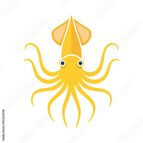 A vibrant yellow squid illustration, with detailed eyes and tentacles. The squid is isolated against the backdrop