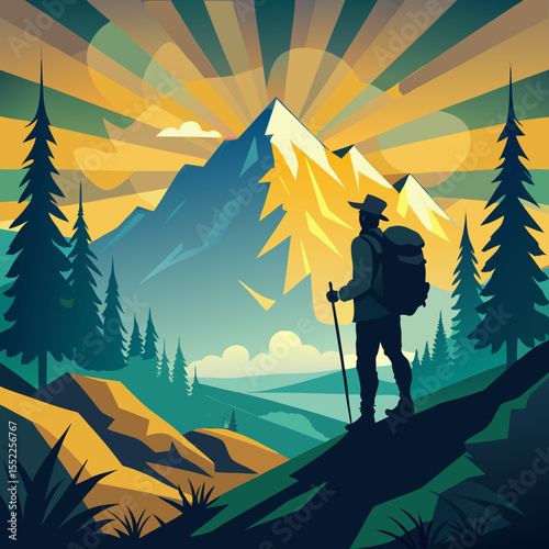 Hiker with backpack and pole gazing at majestic mountains during sunrise