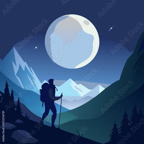 Lone hiker ascends mountain trail under a giant moonlit sky