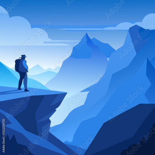 Lone hiker stands on a cliff edge overlooking a vast blue mountain range at dawn