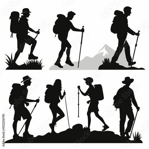 Diverse group of hikers with backpacks and trekking poles silhouetted against natural landscapes
