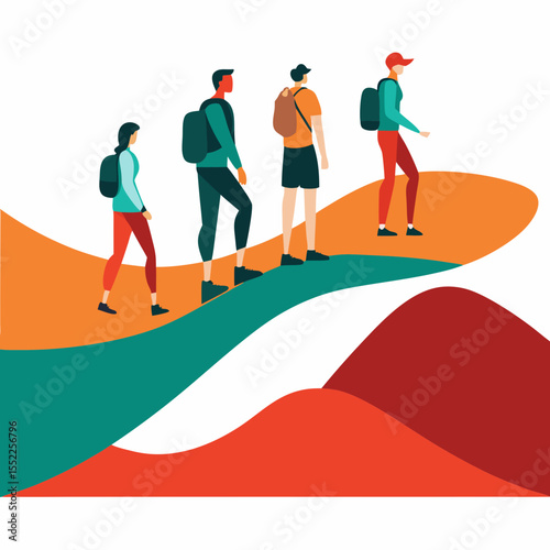 Diverse group of hikers with backpacks walking up a colorful abstract landscape