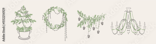 Hand drawn coquette Christmas tree, wreath, branch with cones, chandeliers. Whimsical line art doodle sketch for Christmas, birthday, wedding design template. Vector outline illustration