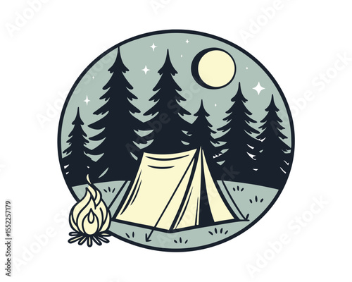 Night Camping Scene with Tent and Campfire in Forest