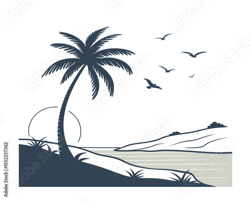 Serene Tropical Beach Scene with Palm Tree and Birds